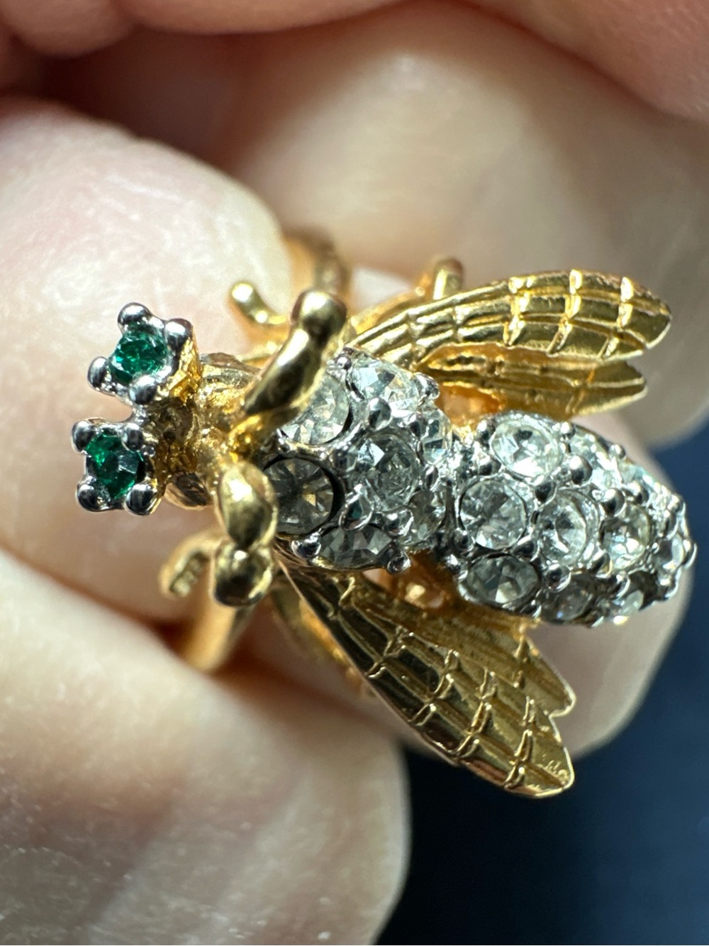 Gold Bee Cocktail Ring with Clear Crystals and Green Eye Accents Adjustable